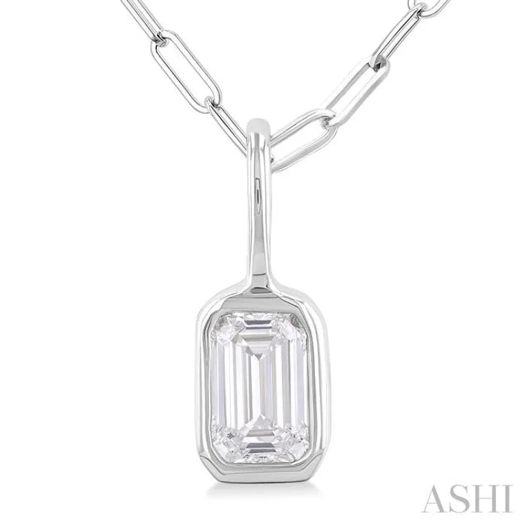 1/5 ctw Emerald Cut Bezel Set Diamond Fashion Pendant With Paper Clip Chain in 14K White Gold