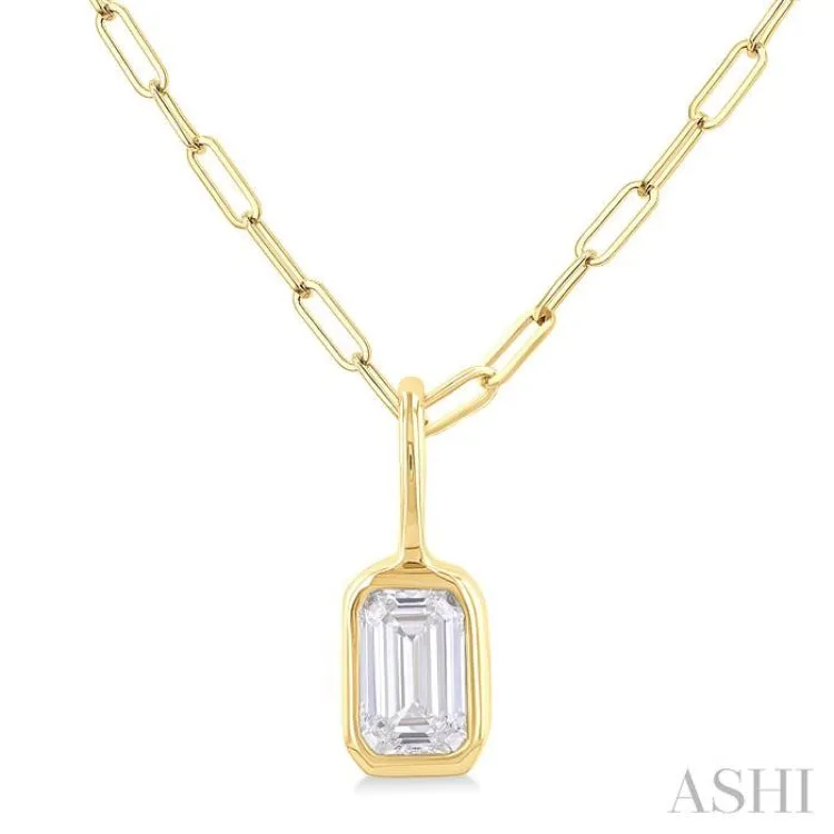 1/5 ctw Emerald Cut Bezel Set Diamond Fashion Pendant With Paper Clip Chain in 14K Yellow Gold