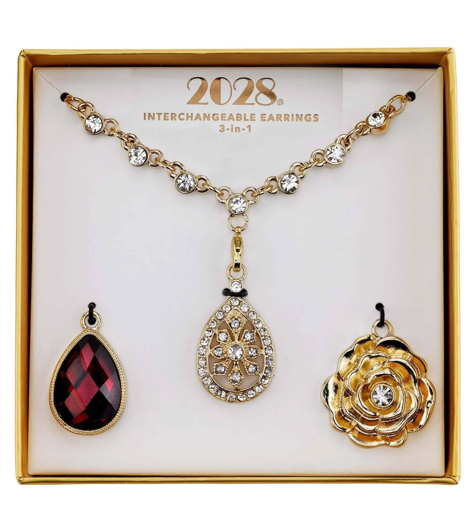 2028 Jewelry 3-In-1 Clear Crystal & Red Teardrop Interchangeable Necklace Set 16"   3" Extender