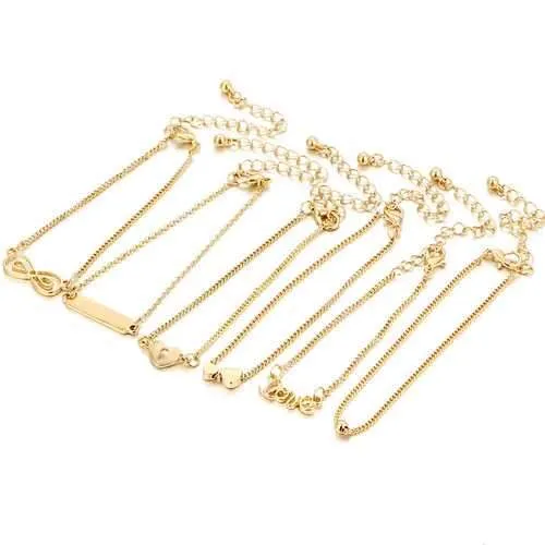 6 Pcs/Set Sweet Heart Shape Lucky Chain Gold Color Anklet