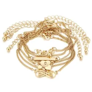 6 Pcs/Set Sweet Heart Shape Lucky Chain Gold Color Anklet