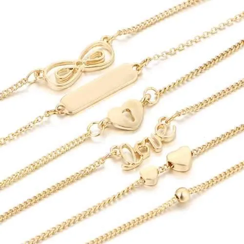 6 Pcs/Set Sweet Heart Shape Lucky Chain Gold Color Anklet