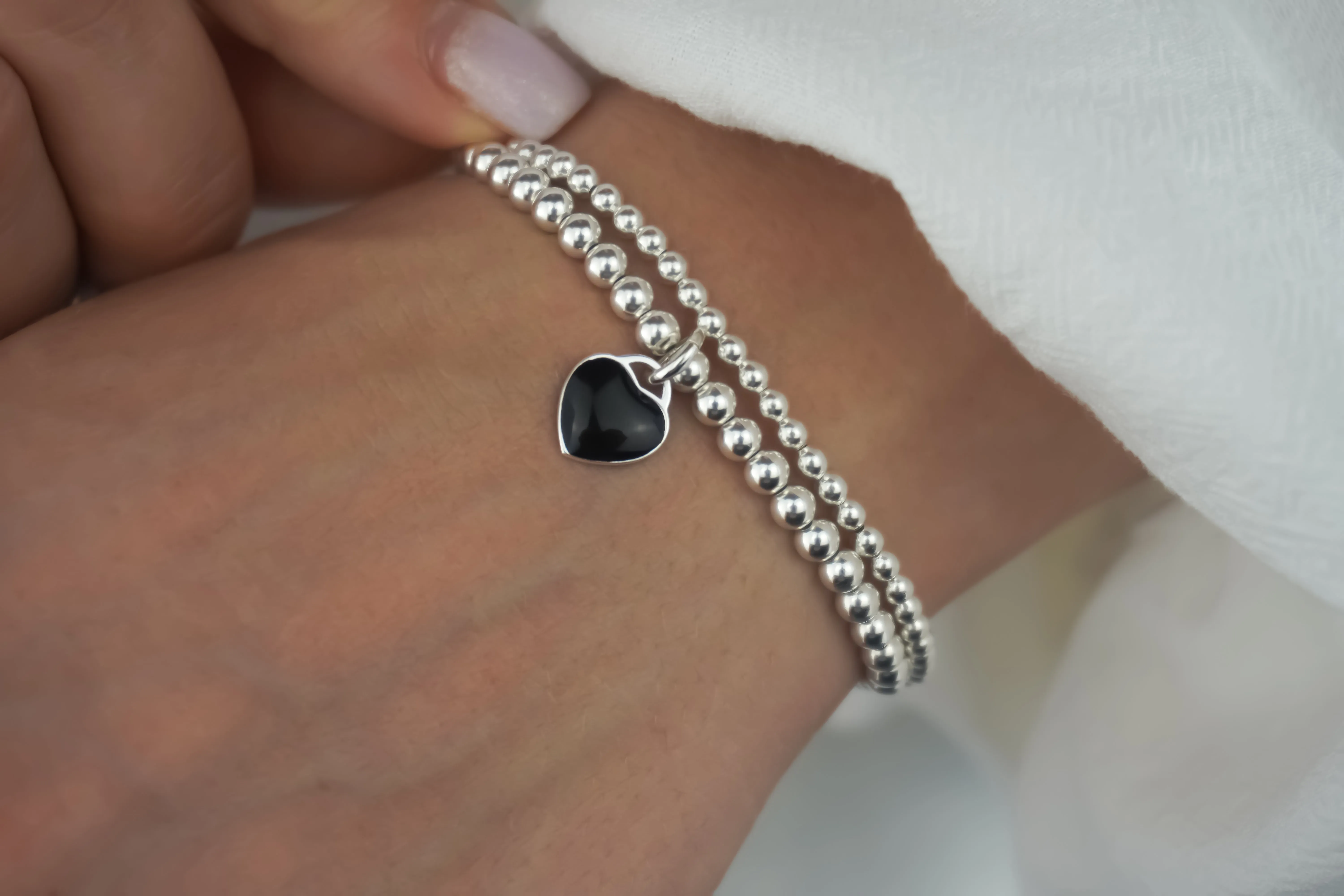 925 Sterling Silver Black Heart Charm Bracelet, Black Heart Charm Bracelet, Heart Charm Bracelet