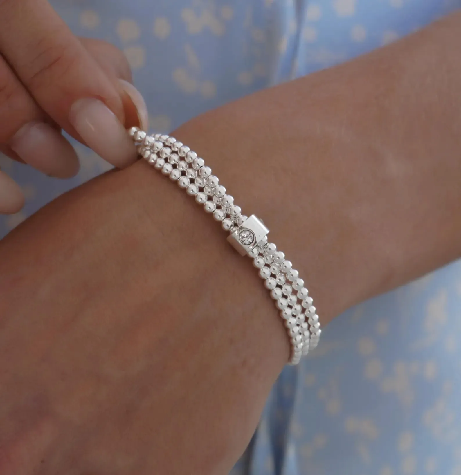 925 Sterling Silver Floating White CZ Bracelet, (3 x 3mm Bracelets) held together w/ White CZ Floating Bead, Silver Stretch Bracelet