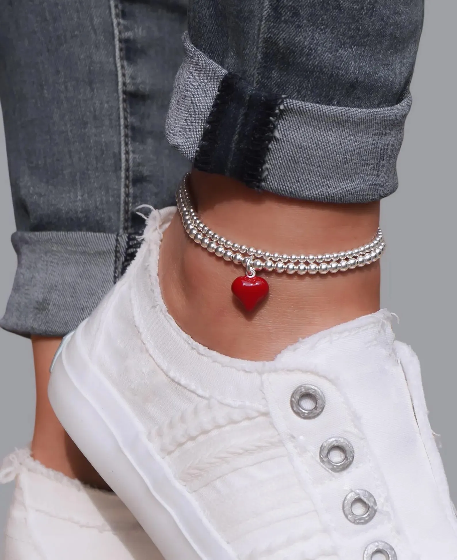 925 Sterling Silver Stretch Red Heart Anklet, Sterling Silver Anklet, Ankle Bracelet, Heart, Anklet