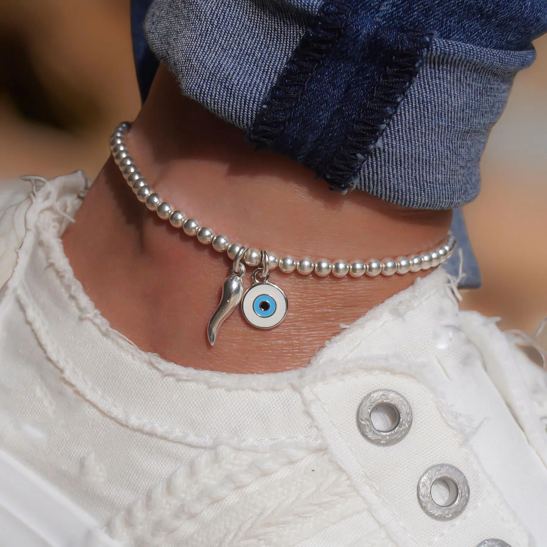 925 Sterling Silver Stretch Silver Cornetto & Evil Eye Anklet, Italian Horn Anklet, Evil Eye Anklet, Malocchio Anklet