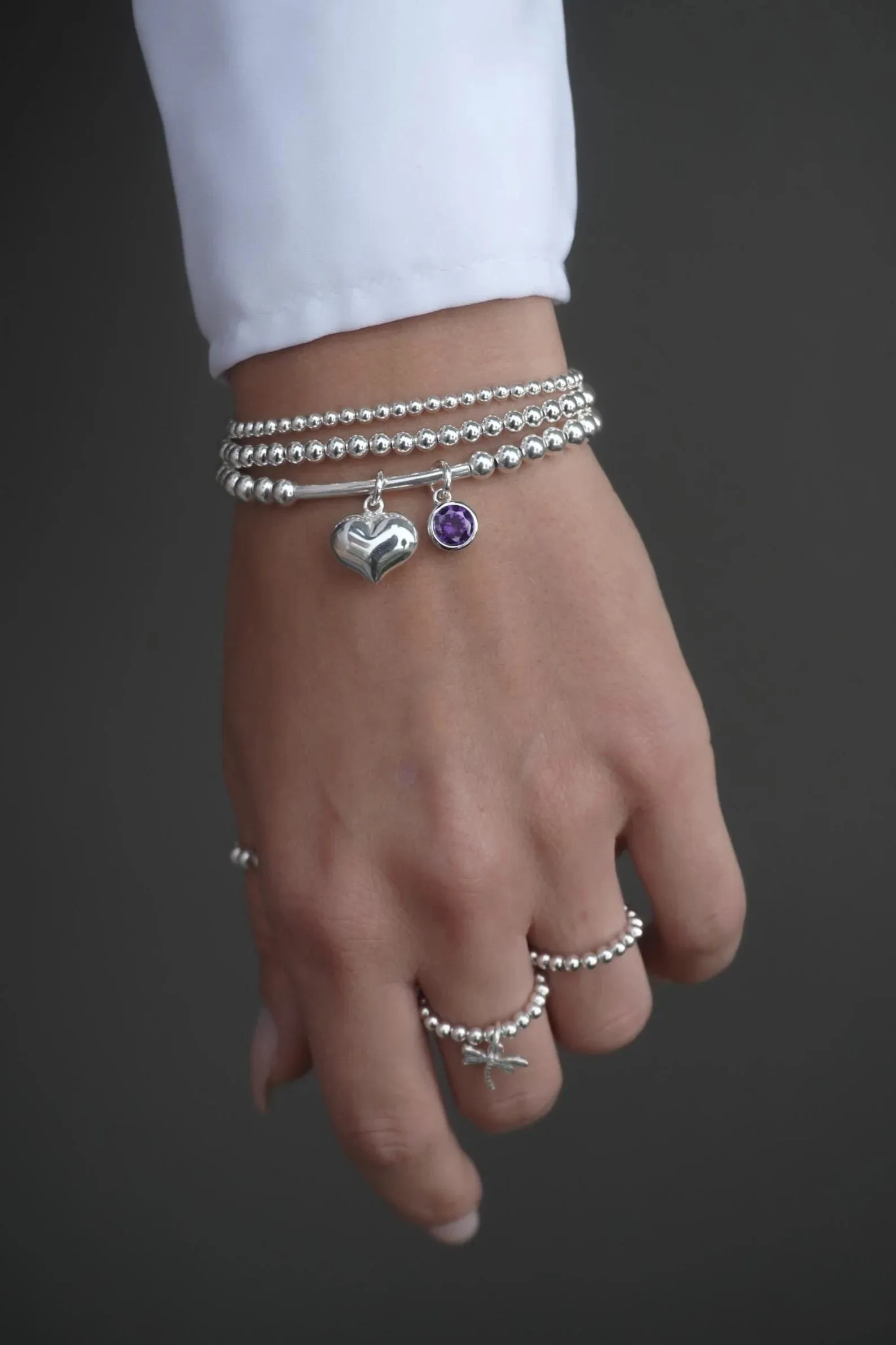 925 Sterling Silver Tube Bracelet w/ Floating Heart & Birthstone, Sterling Silver Stretch Bracelet, Heart Bracelet, Birthstone Bracelet