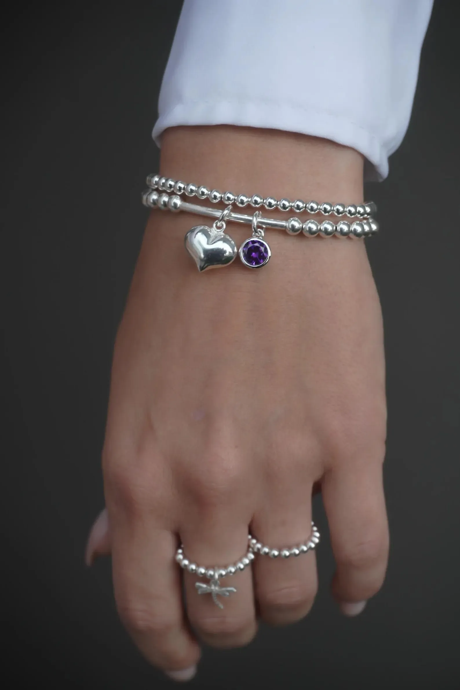 925 Sterling Silver Tube Bracelet w/ Floating Heart & Birthstone, Sterling Silver Stretch Bracelet, Heart Bracelet, Birthstone Bracelet