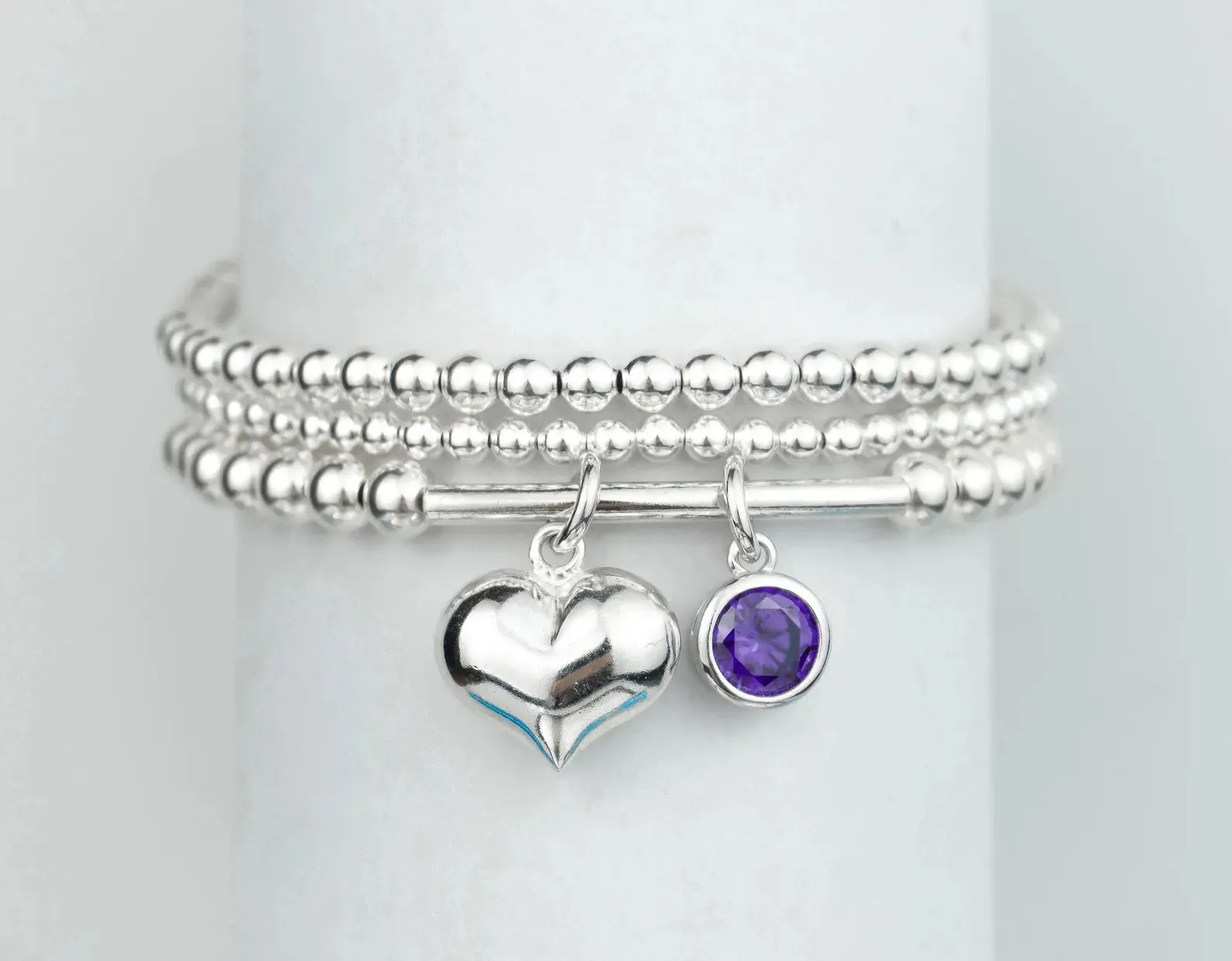 925 Sterling Silver Tube Bracelet w/ Floating Heart & Birthstone, Sterling Silver Stretch Bracelet, Heart Bracelet, Birthstone Bracelet