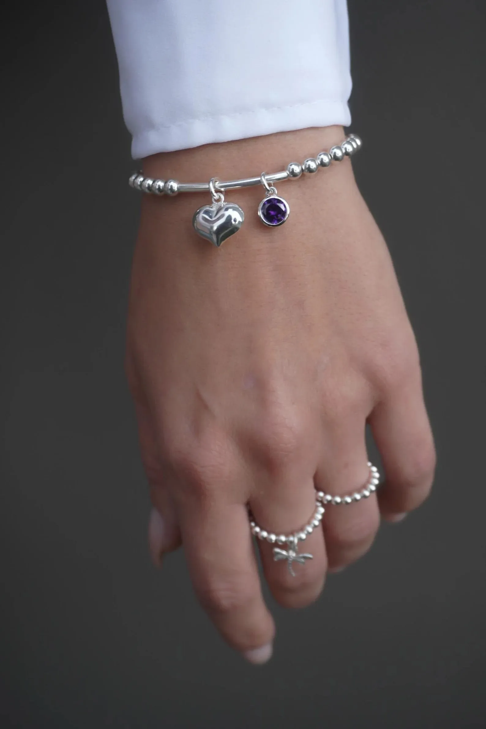 925 Sterling Silver Tube Bracelet w/ Floating Heart & Birthstone, Sterling Silver Stretch Bracelet, Heart Bracelet, Birthstone Bracelet