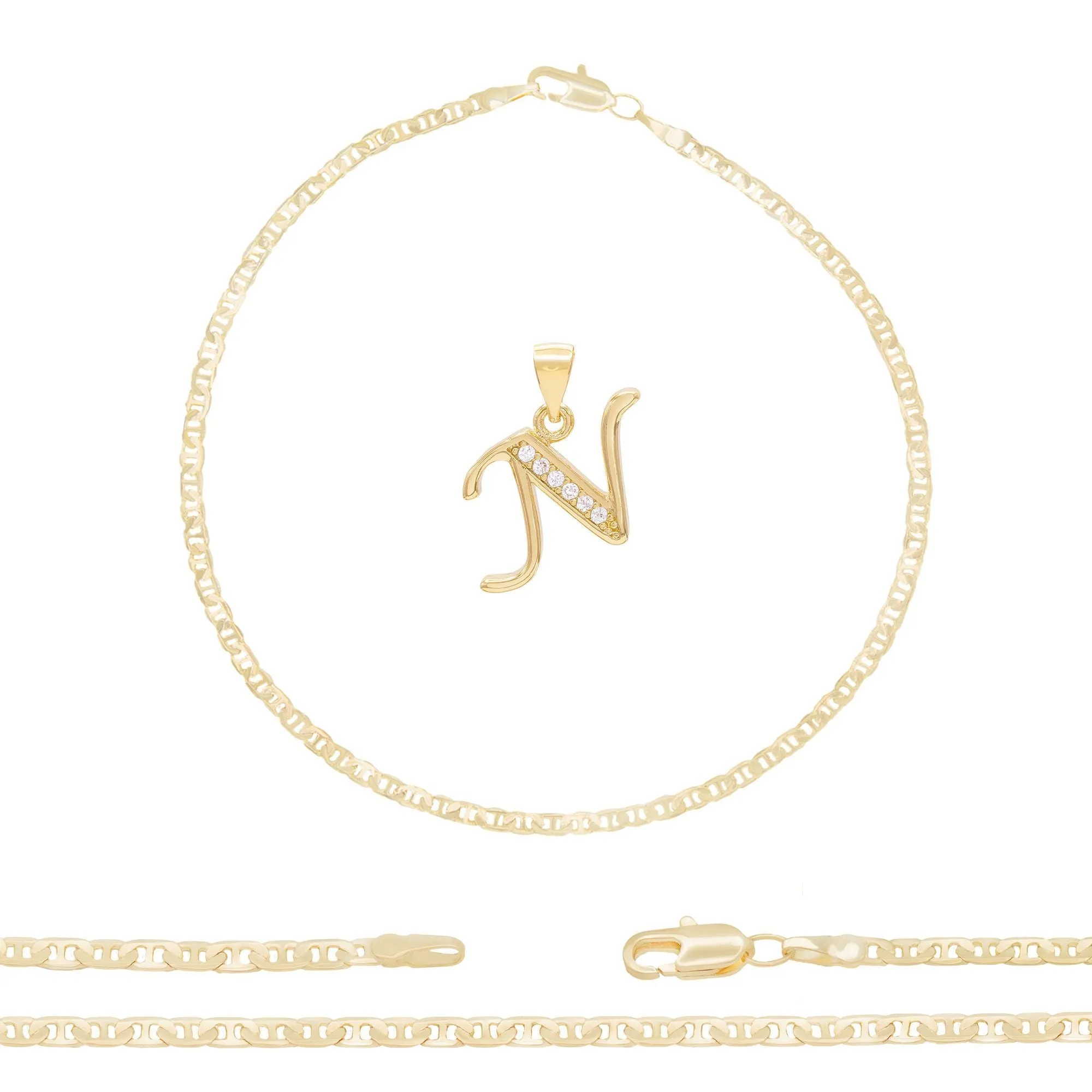 A-Z Initial Letter Pendant 14K Gold Filled Cubic Zirconia Mariner Chain Anklet 10" Set CZ Charm Foot Bracelet 3 mm Female Women Girl