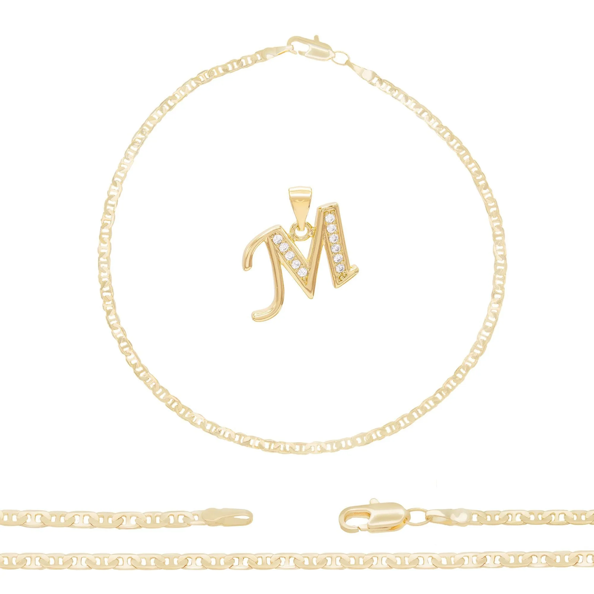 A-Z Initial Letter Pendant 14K Gold Filled Cubic Zirconia Mariner Chain Anklet 10" Set CZ Charm Foot Bracelet 3 mm Female Women Girl