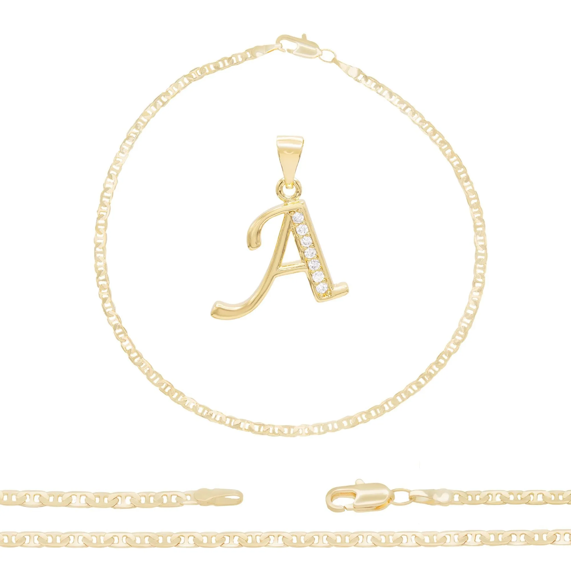 A-Z Initial Letter Pendant 14K Gold Filled Cubic Zirconia Mariner Chain Anklet 10" Set CZ Charm Foot Bracelet 3 mm Female Women Girl