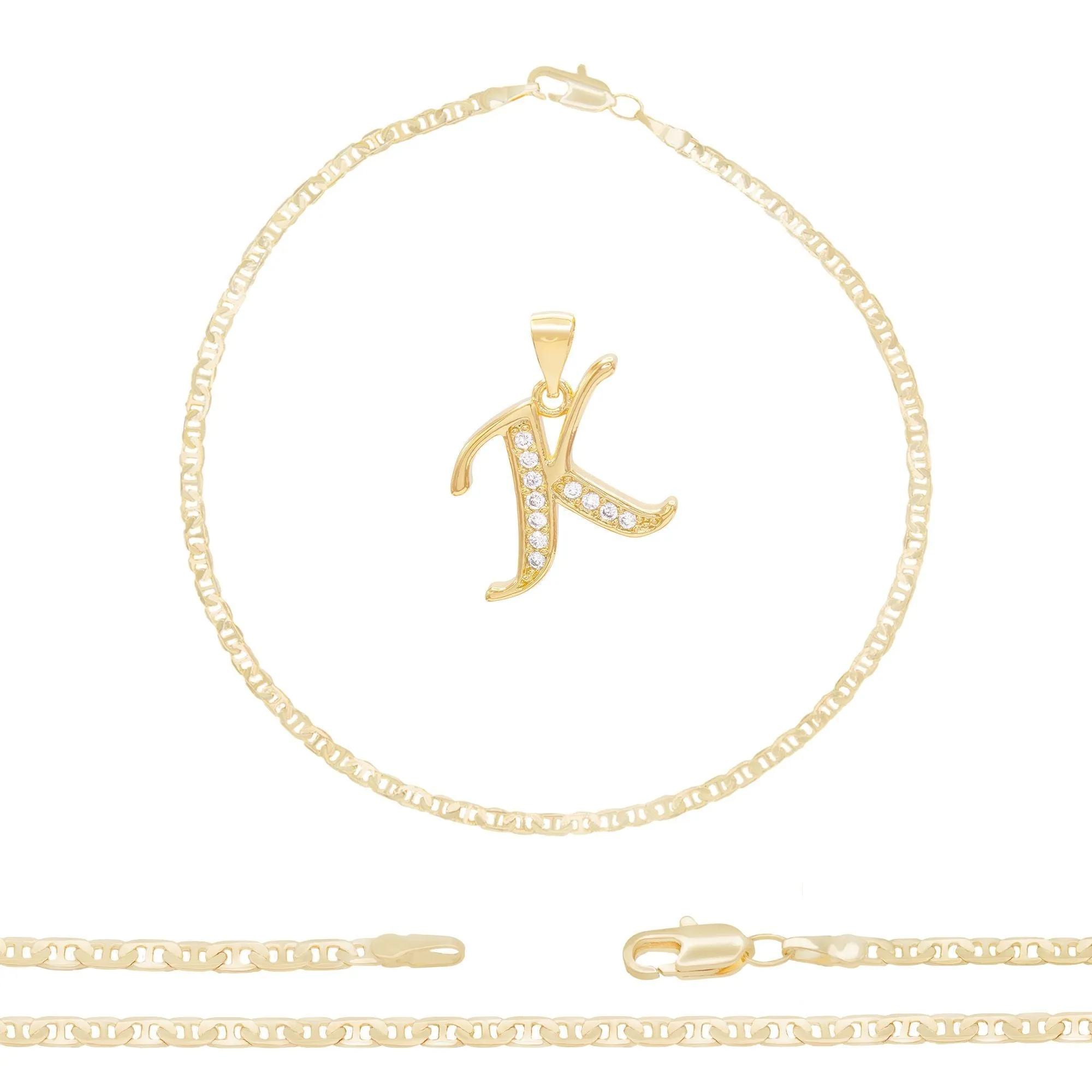 A-Z Initial Letter Pendant 14K Gold Filled Cubic Zirconia Mariner Chain Anklet 10" Set CZ Charm Foot Bracelet 3 mm Female Women Girl