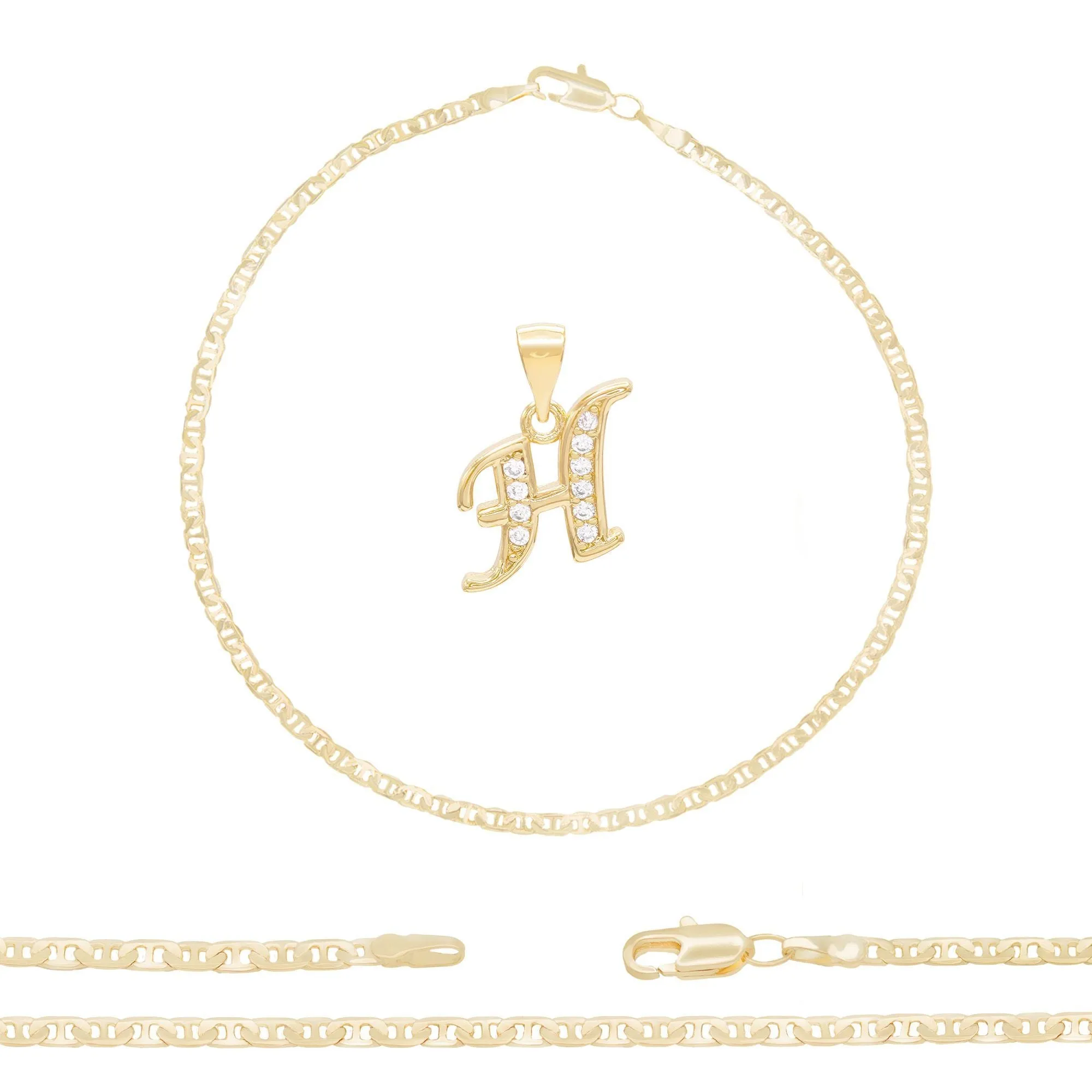 A-Z Initial Letter Pendant 14K Gold Filled Cubic Zirconia Mariner Chain Anklet 10" Set CZ Charm Foot Bracelet 3 mm Female Women Girl