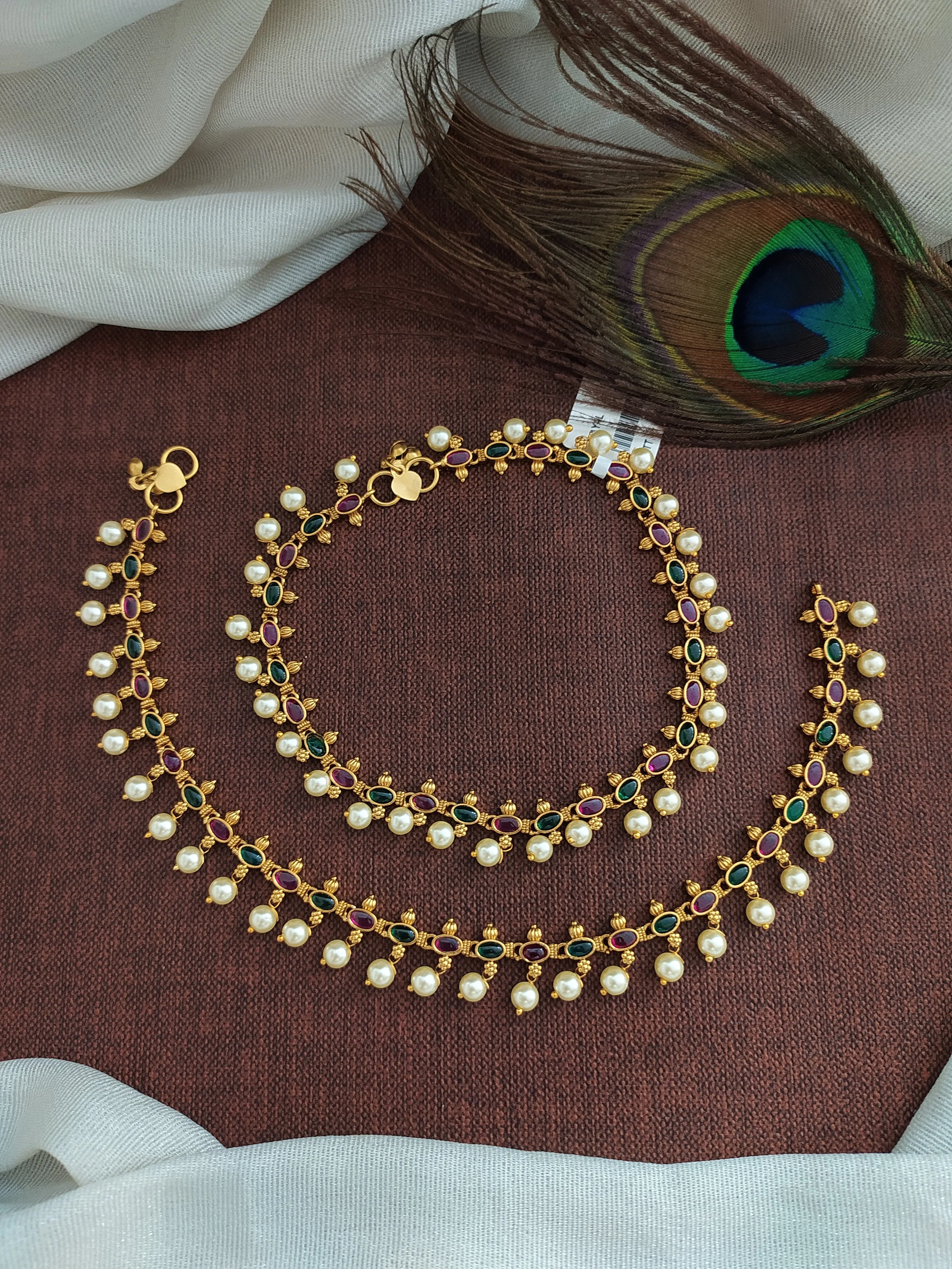 Antique Kemp and Green Anklets with Pearl Drops