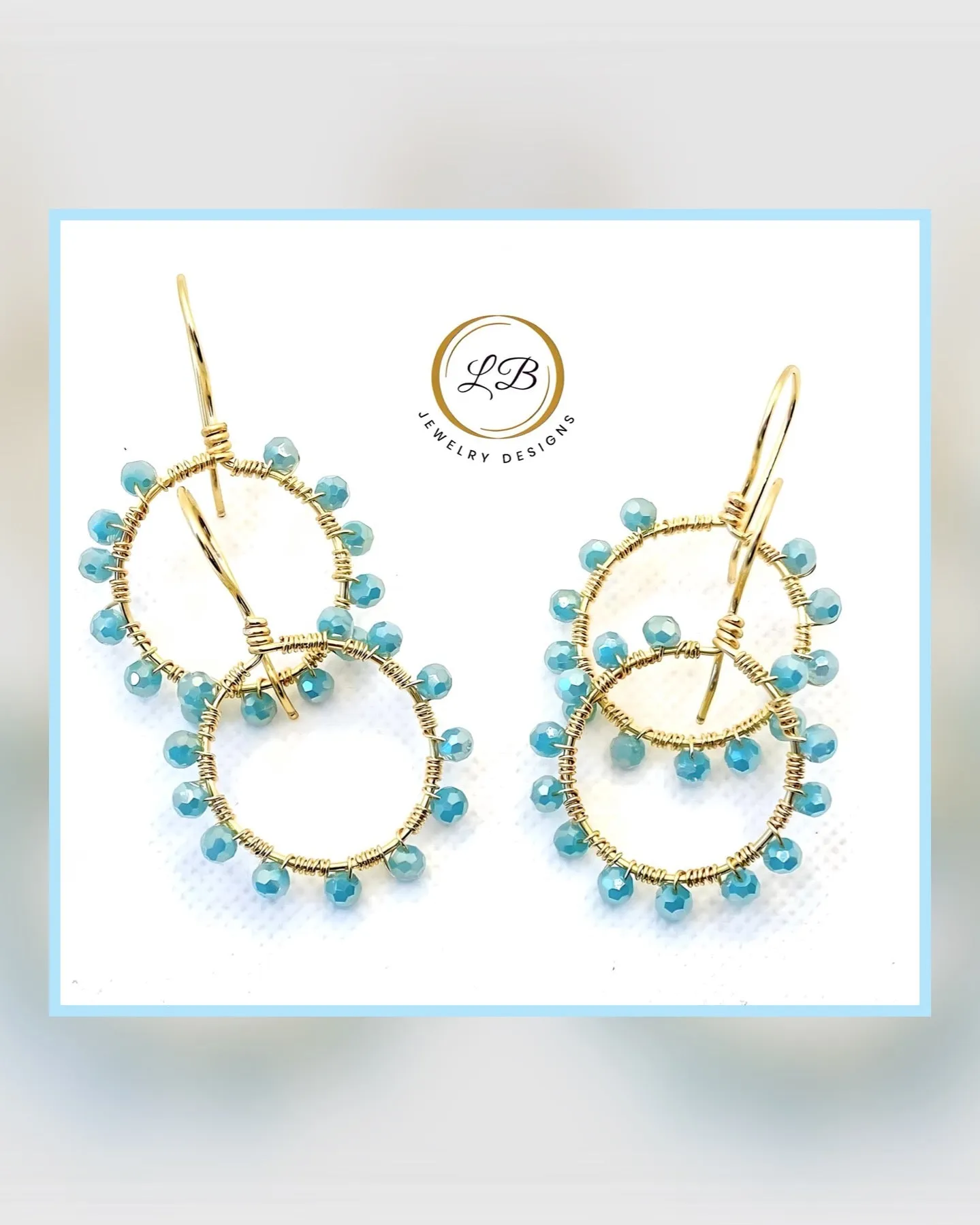 Aquamarine Semi-Precious Gemstones Gold Hoop Earrings 1.5"