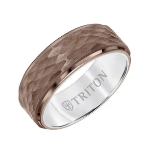 ARVID 8MM Brown & White Tungsten Carbide Ring - Hammered Center and Step Edge