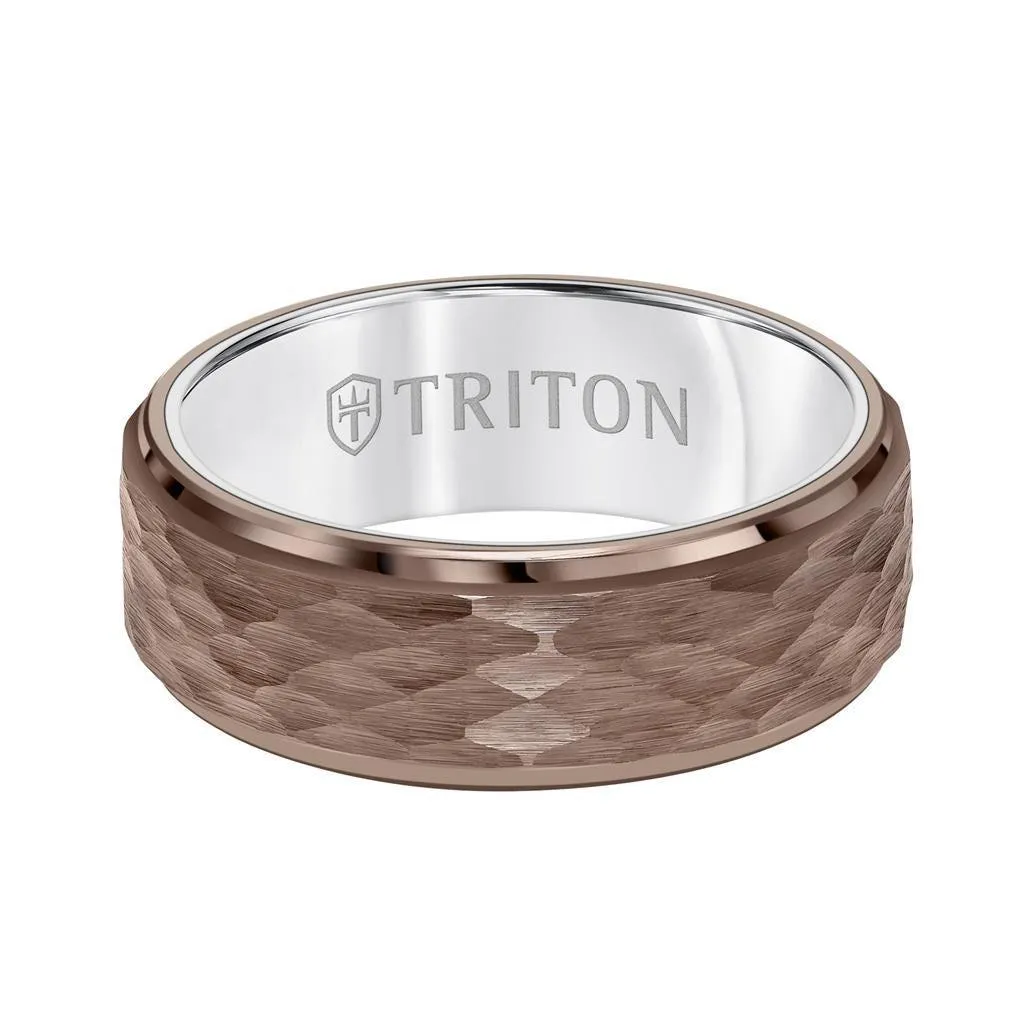 ARVID 8MM Brown & White Tungsten Carbide Ring - Hammered Center and Step Edge