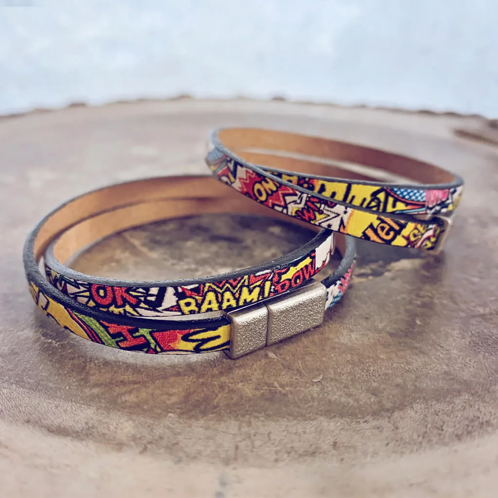 bam! // comic strip leather wrap bracelet