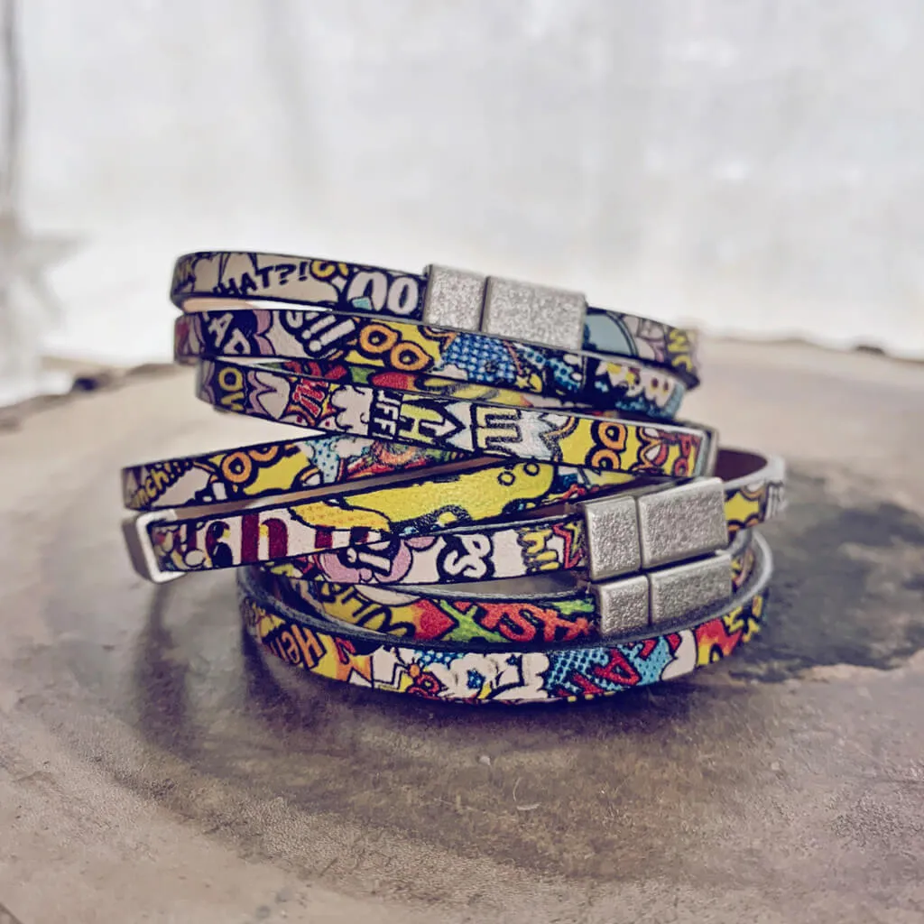 bam! // comic strip leather wrap bracelet