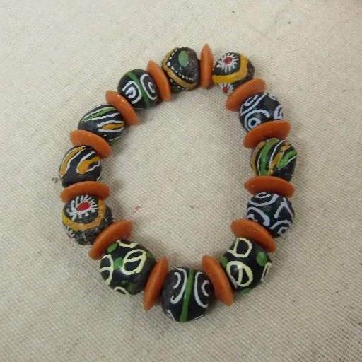 Black & Orange African Ghana Trade Bead  Bracelet