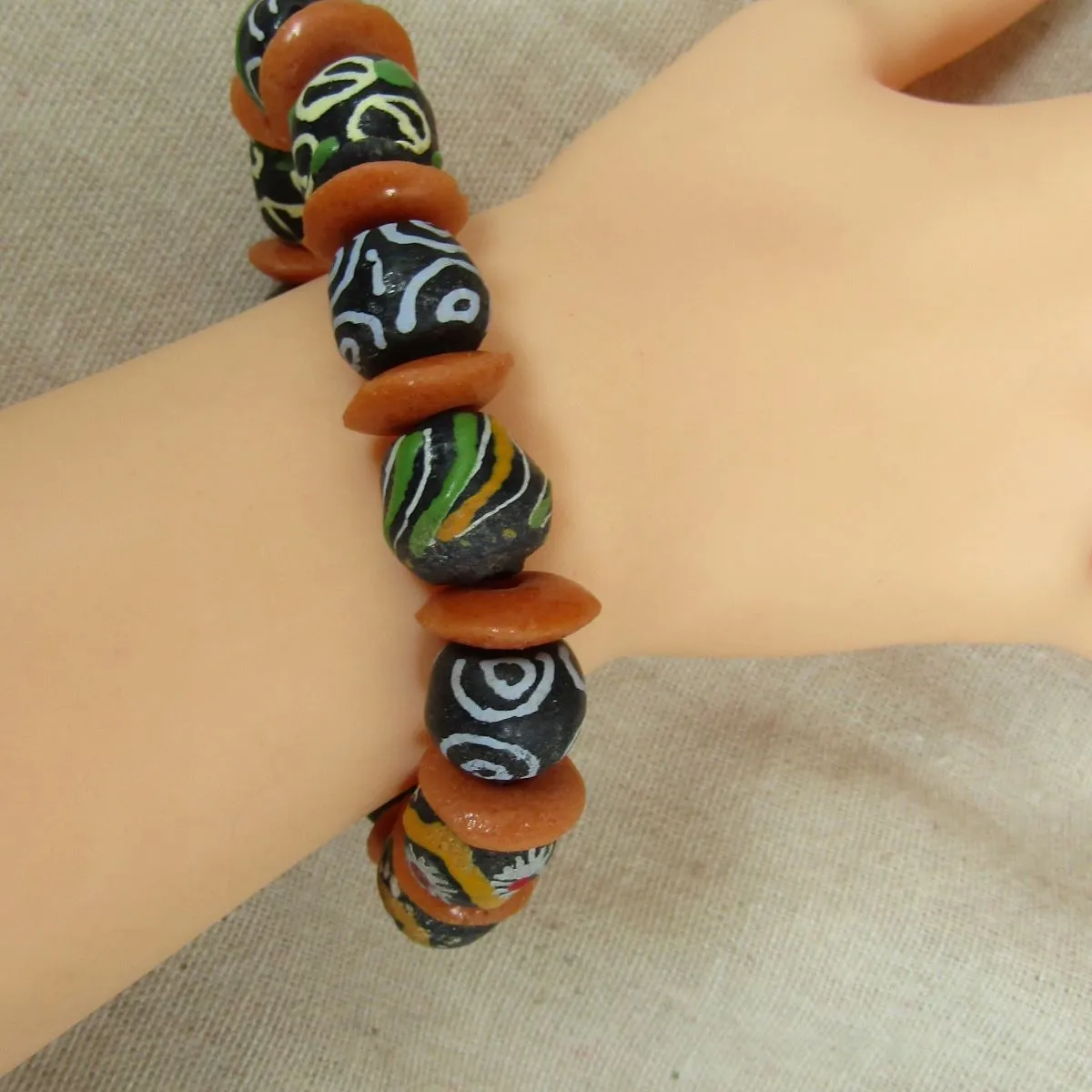 Black & Orange African Ghana Trade Bead  Bracelet