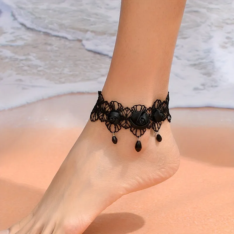 Black Lace Flower Anklet Perfect for Weddings  Halloween