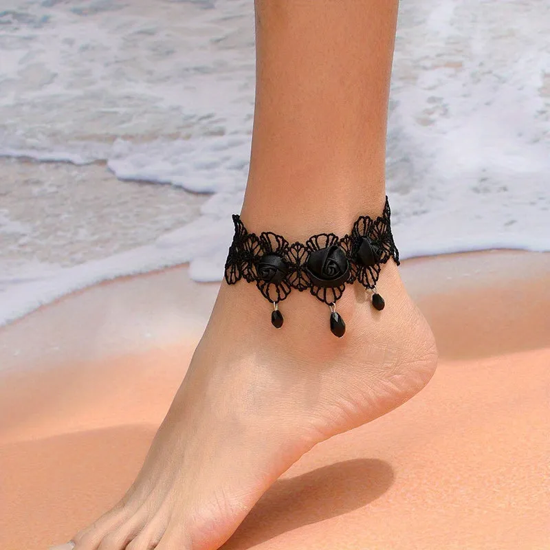 Black Lace Flower Anklet Perfect for Weddings  Halloween