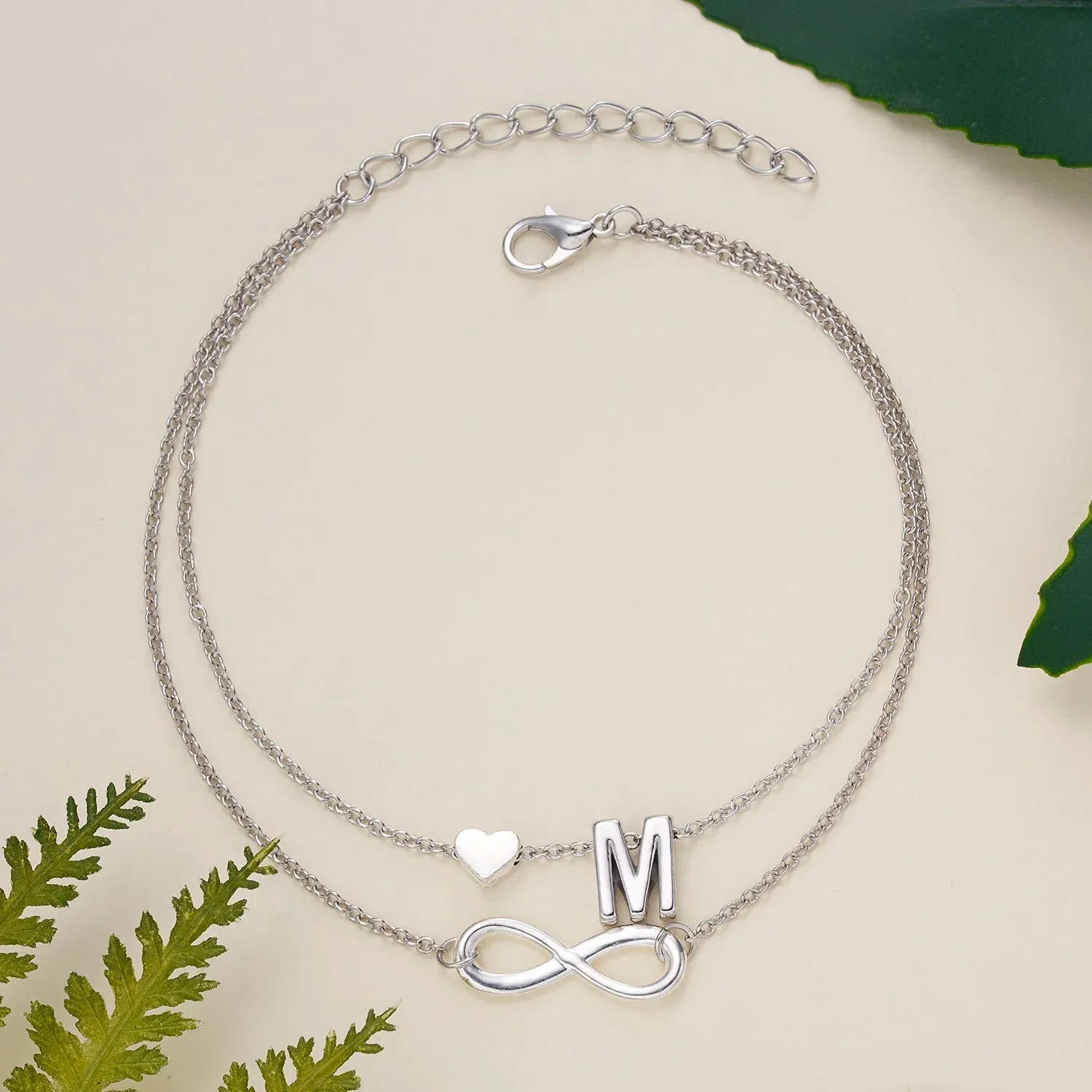 Bohemia A-Z Letter Initial Anklet For Women Silver Color Initial Heart