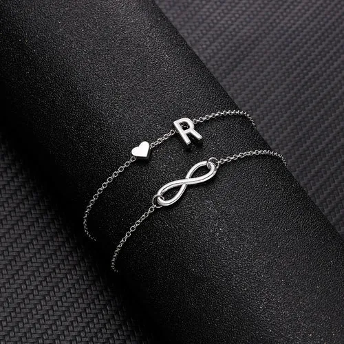 Bohemia A-Z Letter Initial Anklet For Women Silver Color Initial Heart