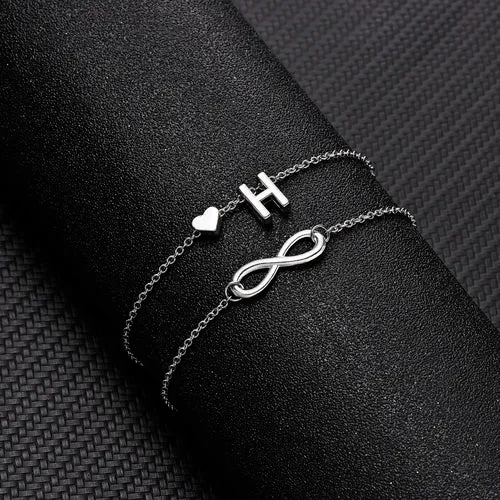 Bohemia A-Z Letter Initial Anklet For Women Silver Color Initial Heart