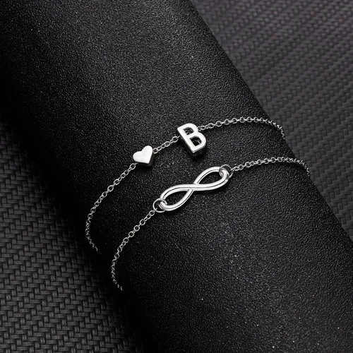 Bohemia A-Z Letter Initial Anklet For Women Silver Color Initial Heart