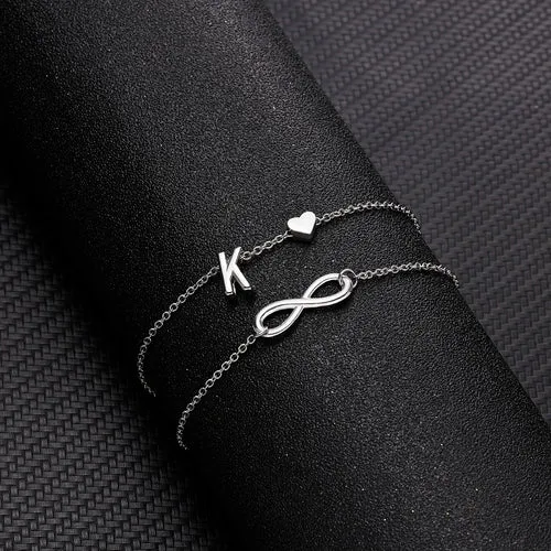 Bohemia A-Z Letter Initial Anklet For Women Silver Color Initial Heart