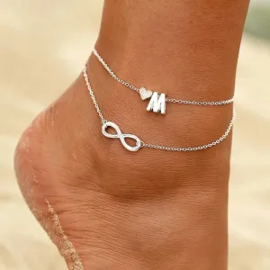 Bohemia A-Z Letter Initial Anklet For Women Silver Color Initial Heart