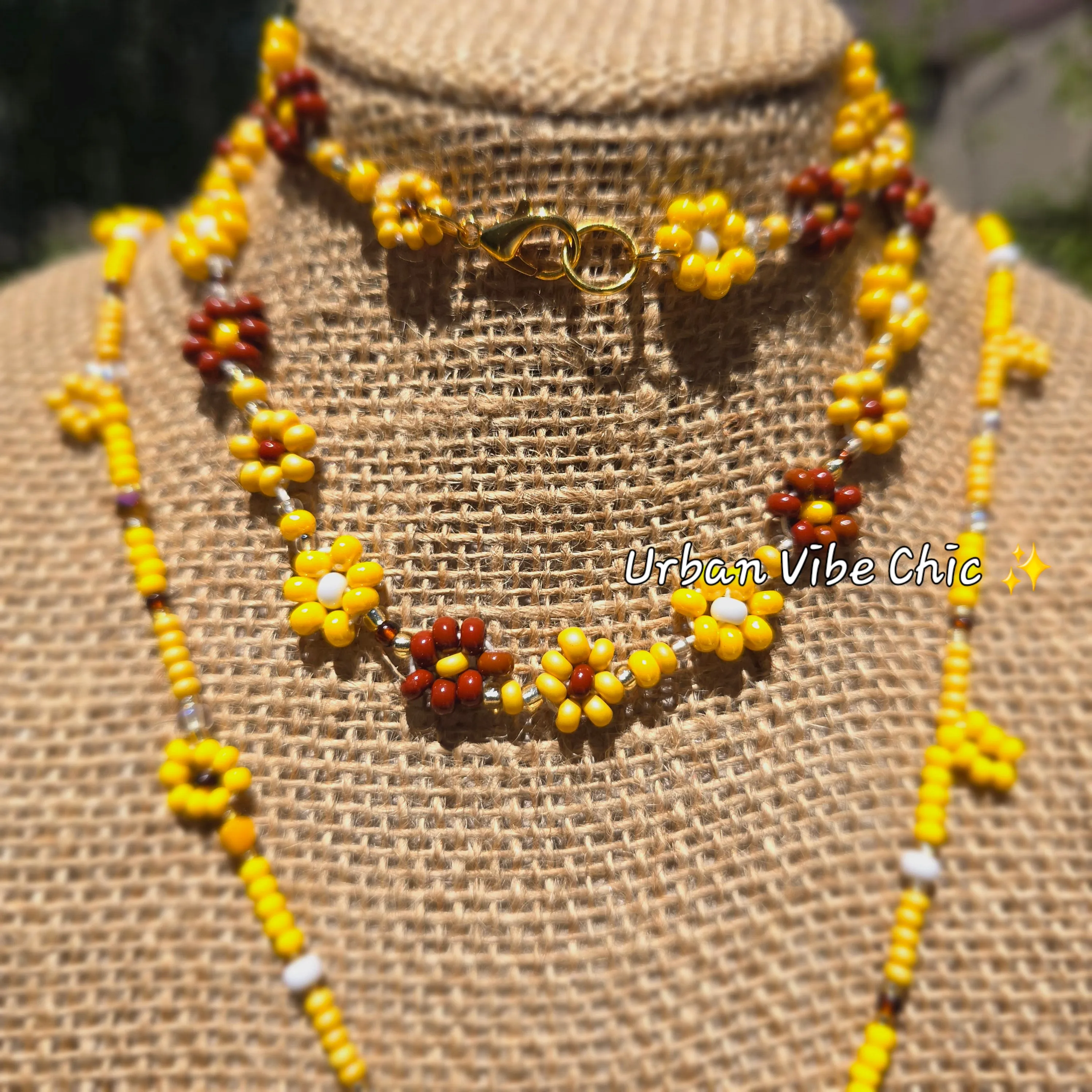 Brown & Yellow Daisy Beaded Necklace |Flower Bead Bead Necklace | Urban Vibe Chic | Seed Bead Jewelry