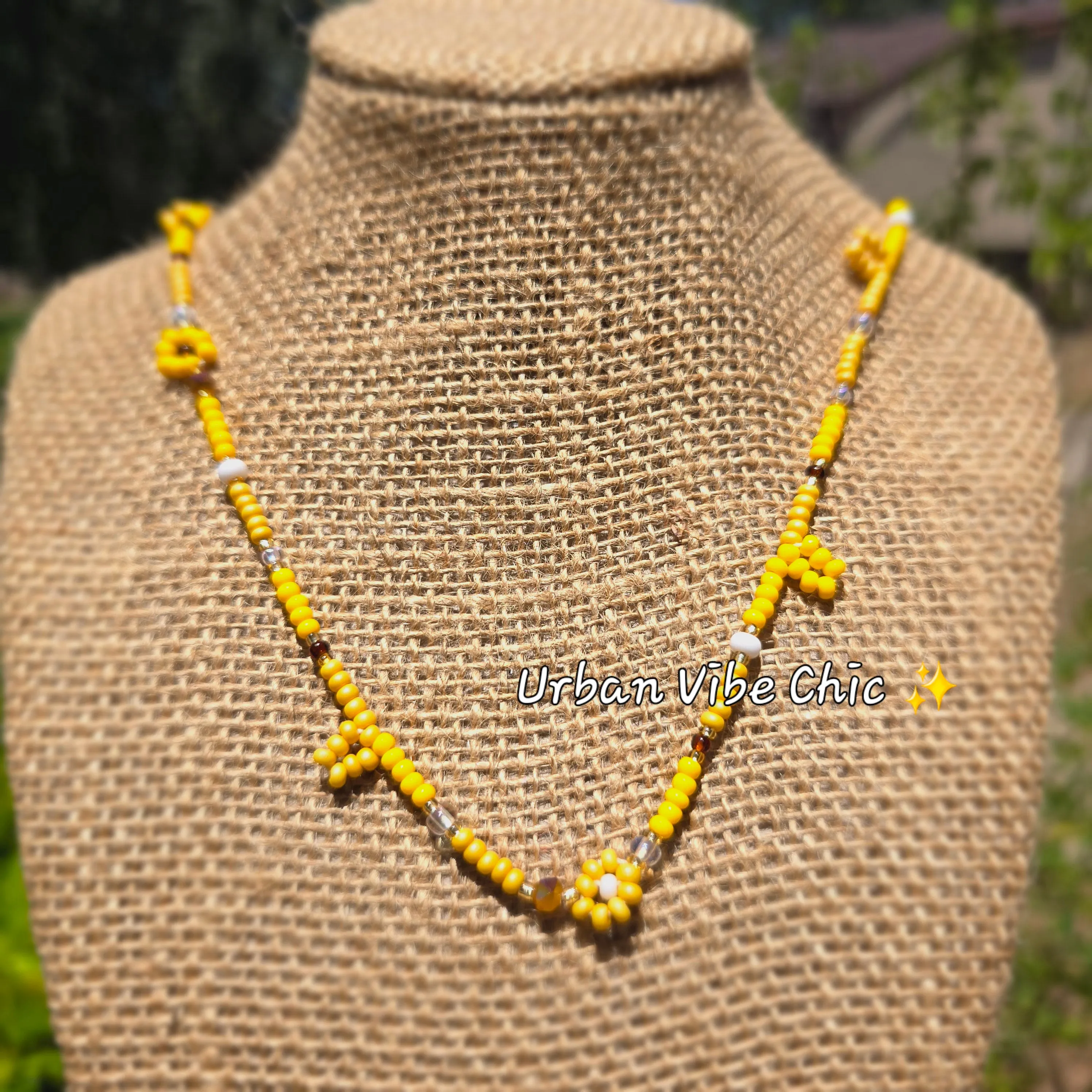 Brown & Yellow Daisy Beaded Necklace |Flower Bead Bead Necklace | Urban Vibe Chic | Seed Bead Jewelry