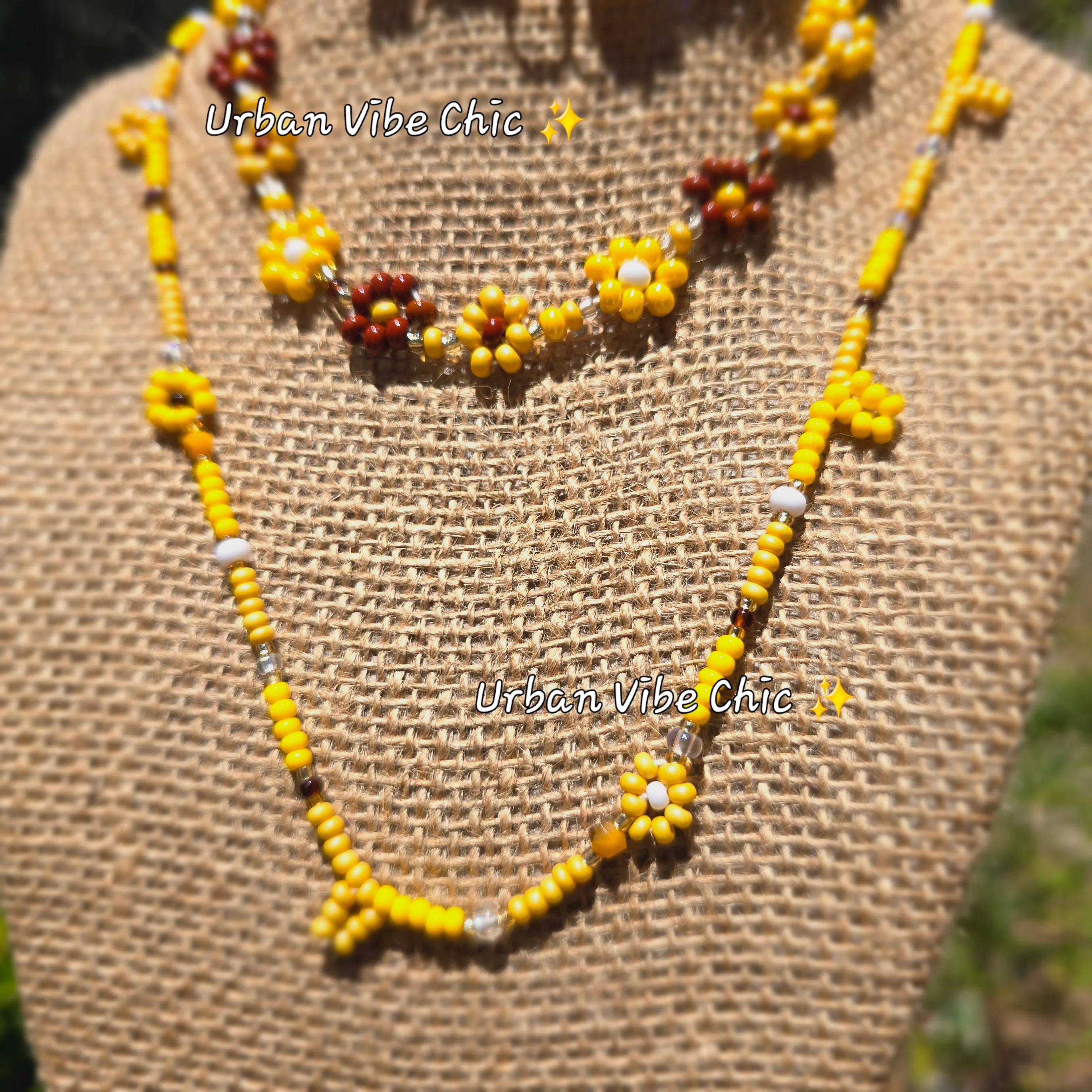 Brown & Yellow Daisy Beaded Necklace |Flower Bead Bead Necklace | Urban Vibe Chic | Seed Bead Jewelry