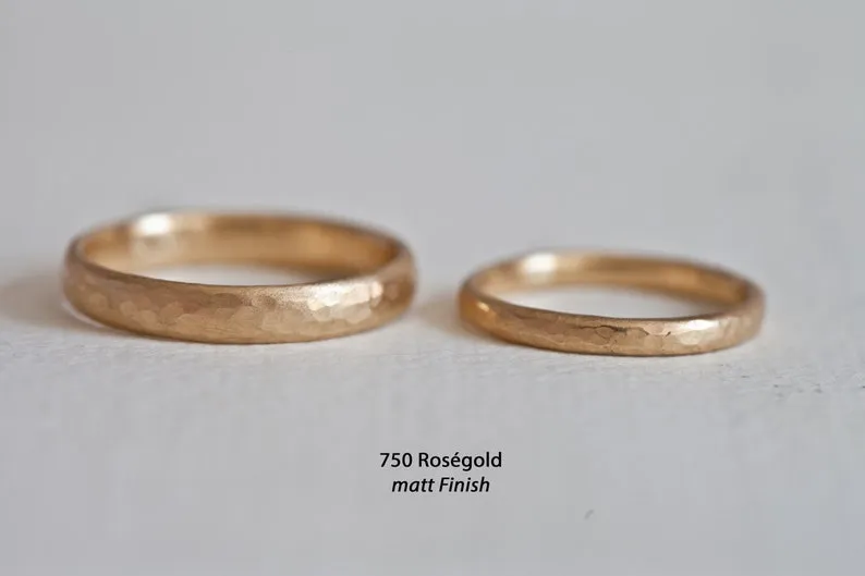 Classic Gold Hammered Wedding Ring Set Matt