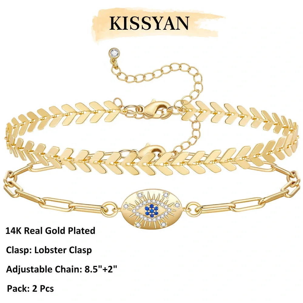 Dainty 14k Gold Plated Layering Evil Eye Anklets Set- Oval Evil Eye Fishbone