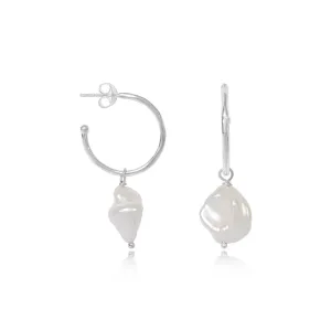 Decus Large Silver Hoop Earrings with Baroque Cultured Freshwater Pearl Drops