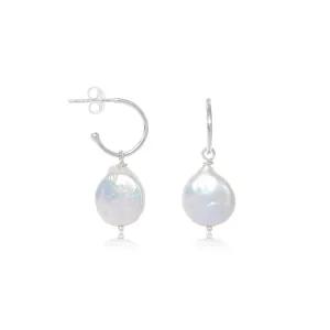 Decus Small Silver Hoop Earrings with Baroque Cultured Freshwater Pearl Drops