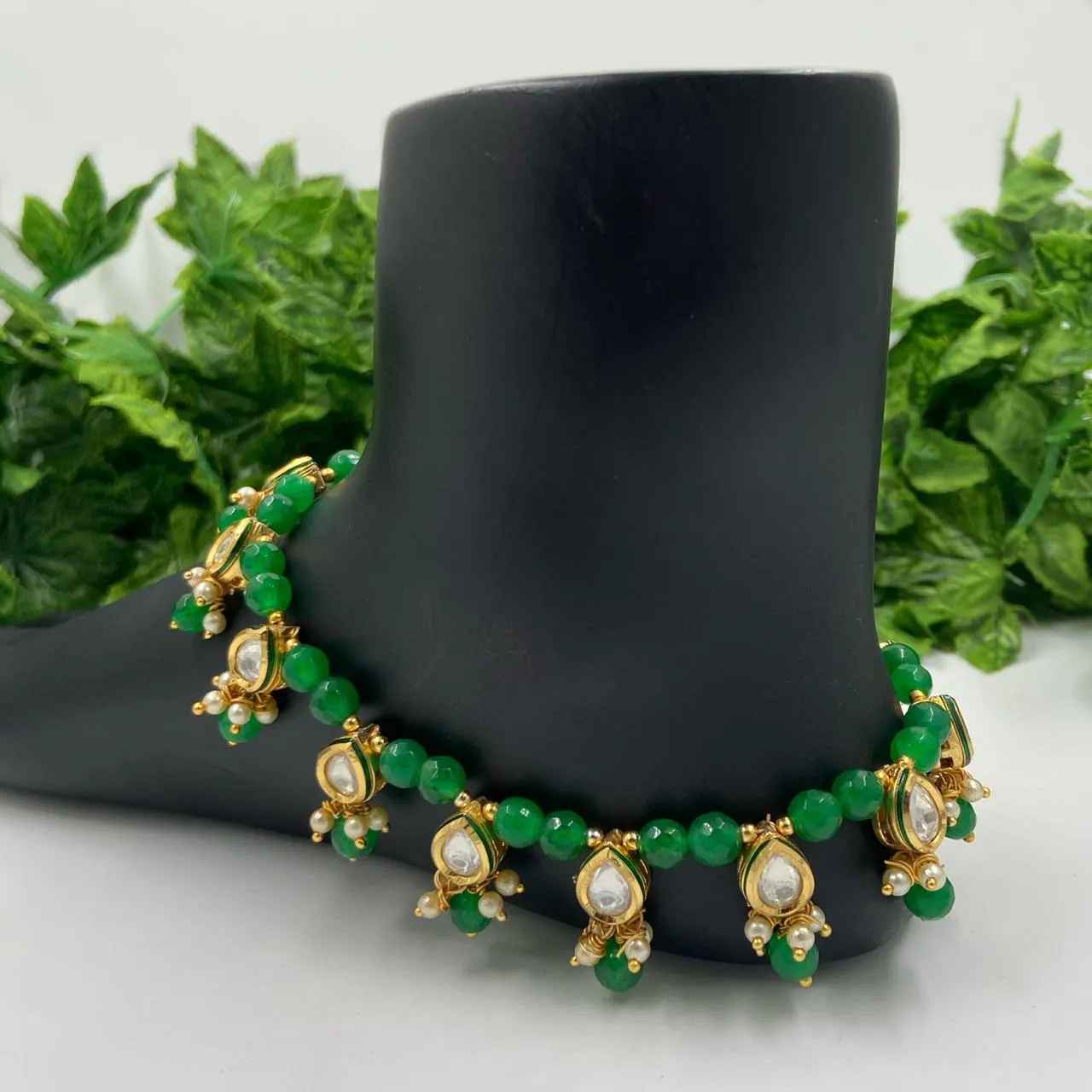 Designer Gold Plated Kundan Green Payal Anklet For Ladies By Gehna Shop