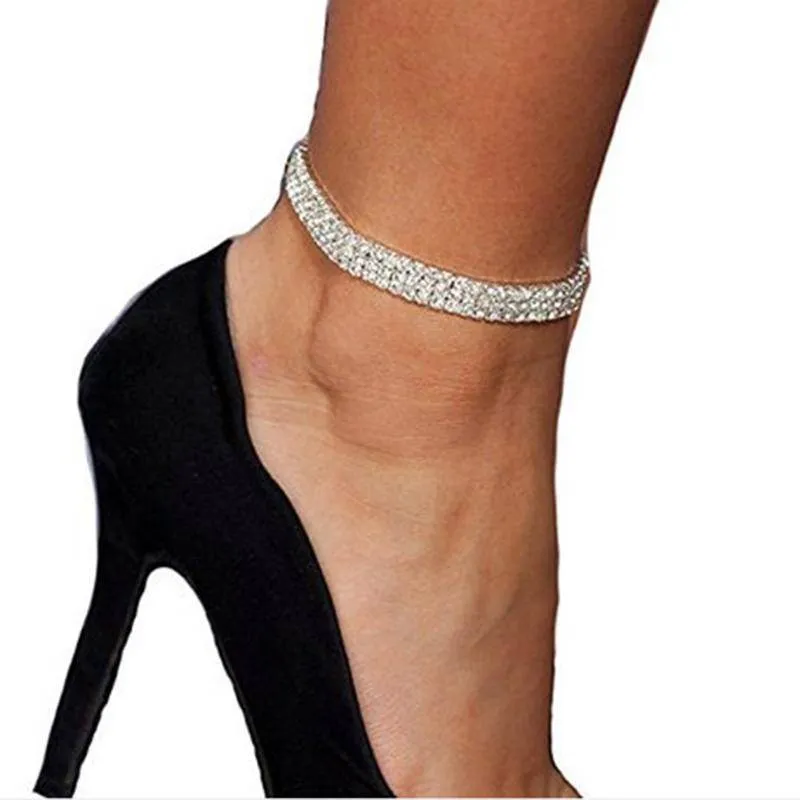 Elastic Stretch Foot anklet Double Rhinestone Anklet Silver