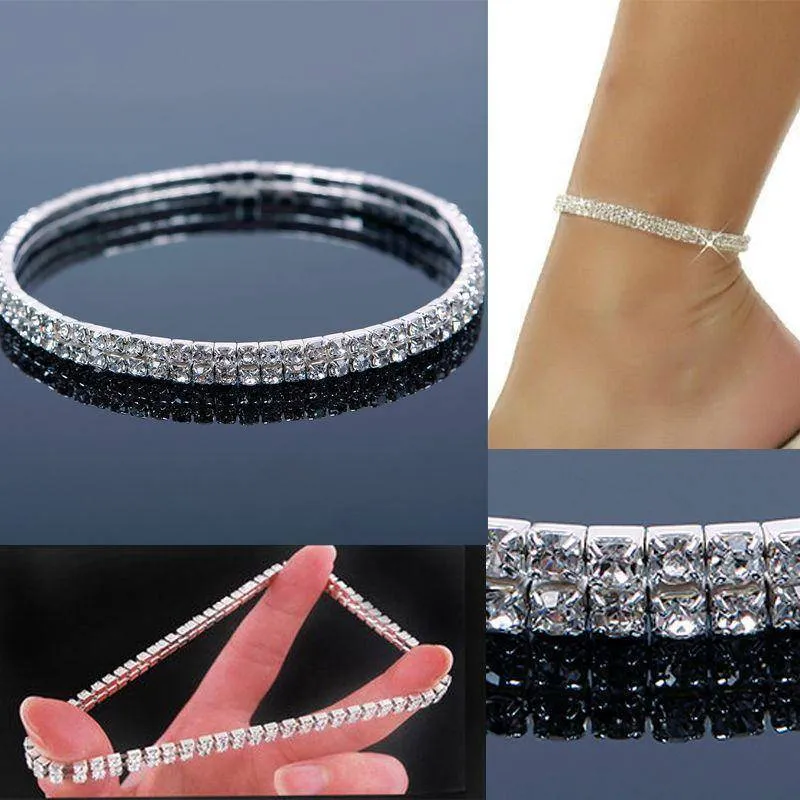 Elastic Stretch Foot anklet Double Rhinestone Anklet Silver