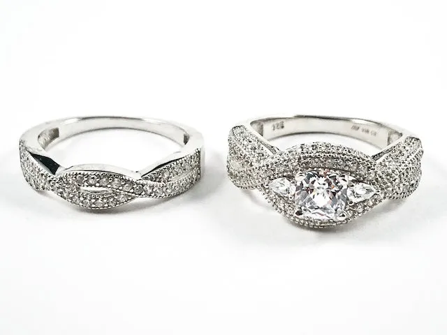 Elegant Classic 2 Piece Set Engagement Style Crossover Design Textured Silver Ring