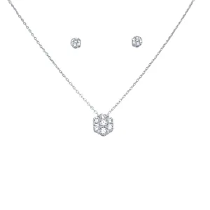 Flower Necklace and Stud Screwback Earrings Jewellery Set with Cubic Zirconia in Sterling Silver