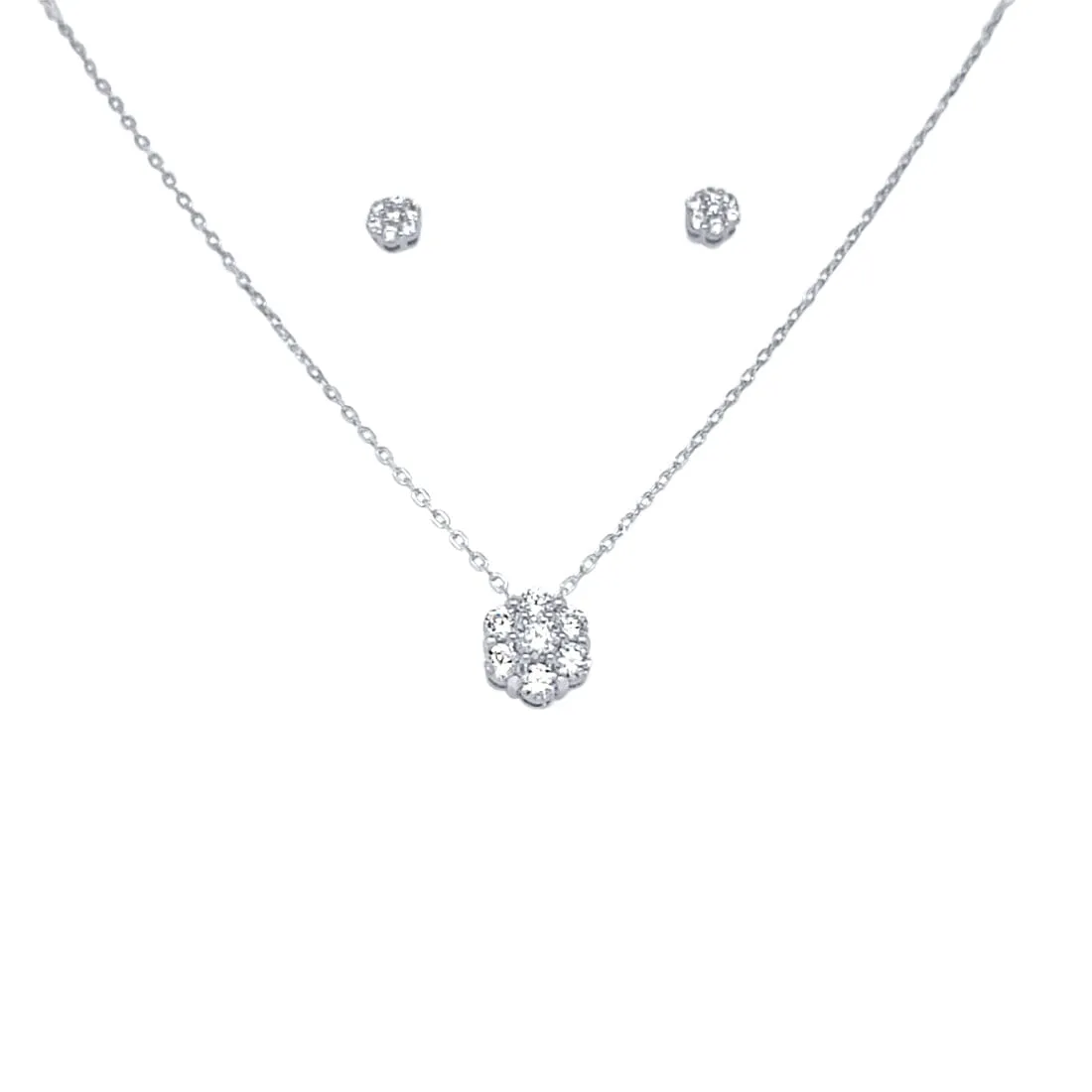 Flower Necklace and Stud Screwback Earrings Jewellery Set with Cubic Zirconia in Sterling Silver