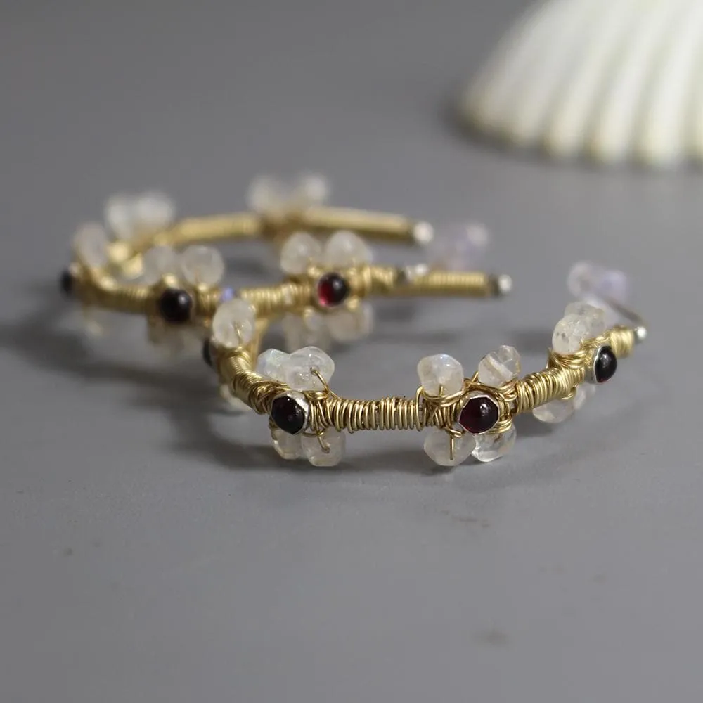 Garnet Moonstone Jasmine Hoop Earrings