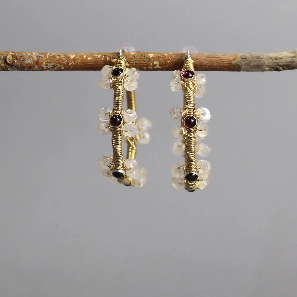 Garnet Moonstone Jasmine Hoop Earrings